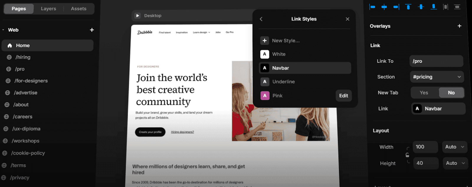 Работа с проектом на платформе Framer: https://www.framer.com/features/navigation/