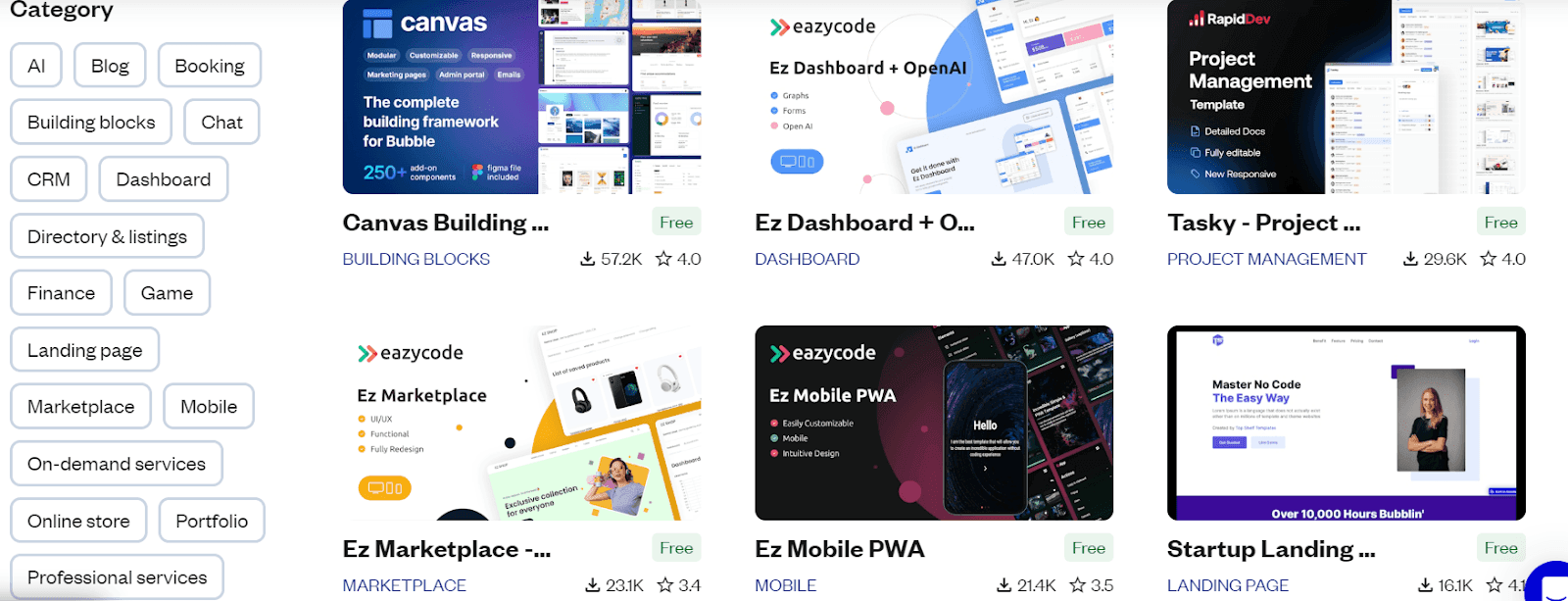 Библиотека шаблонов Bubble.io с разбивкой по категориям
