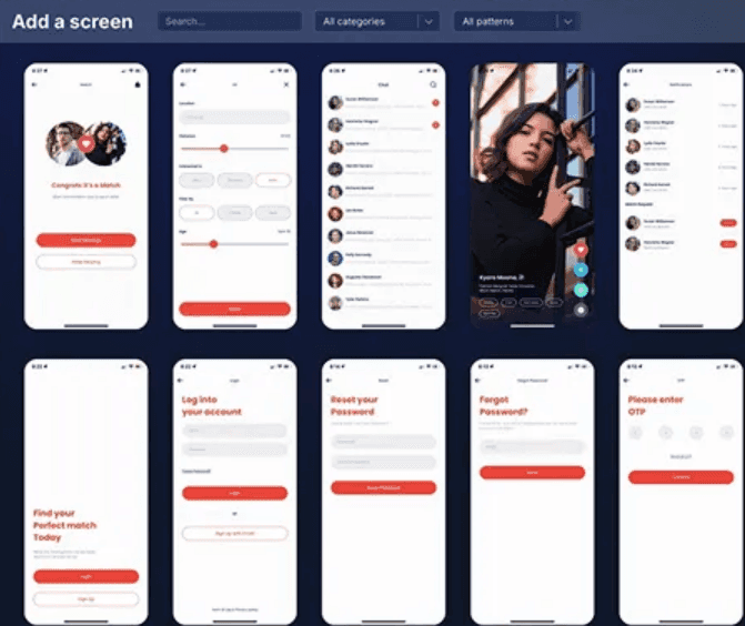 Библиотека готовых экранов мобильного приложения в no-code конструкторе с шаблонами для социальных сетей и авторизации