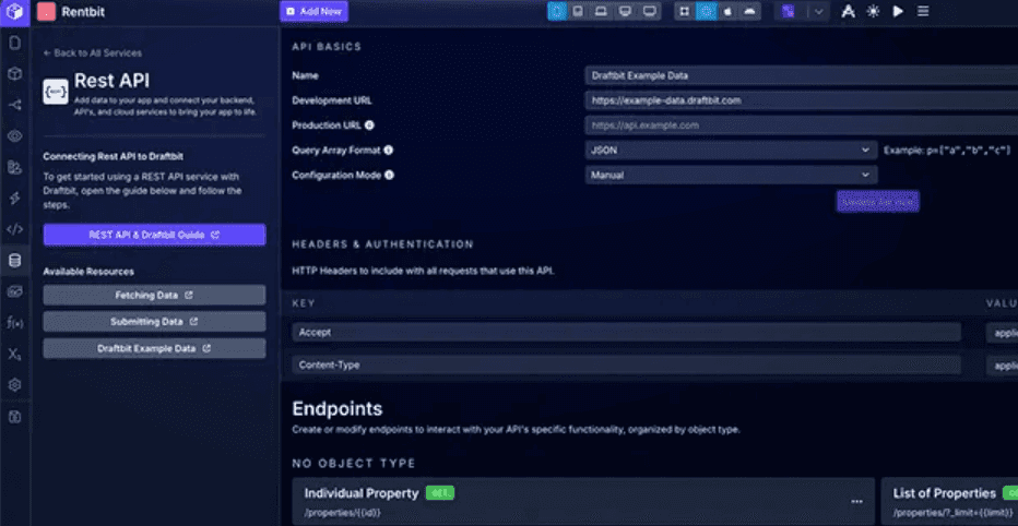 Панель настройки REST API в no-code платформе с конфигурацией endpoints, аутентификации и примерами данных