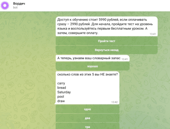 Общение с ботом Wordich перед оформлением подписки