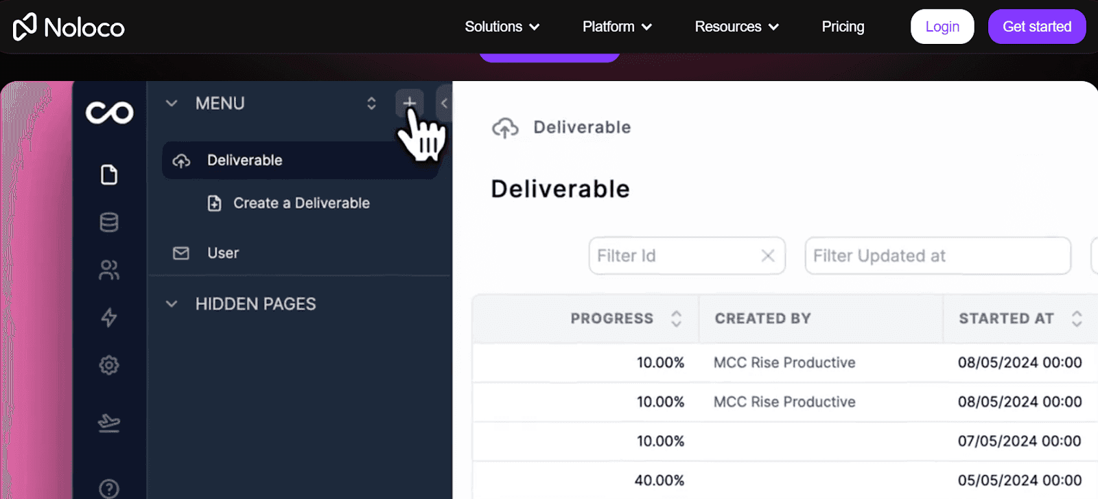 Интерфейс no-code платформы Noloco с управлением проектами и отслеживанием прогресса выполнения задач