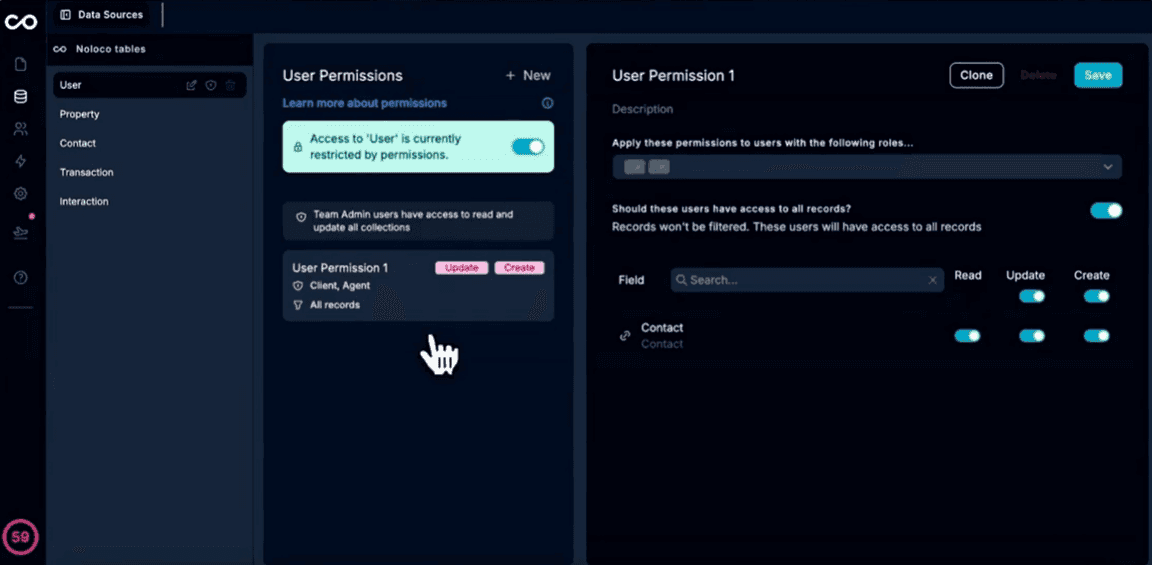 Панель настройки прав доступа пользователей в no-code платформе с управлением ролями и разрешениями для баз данных