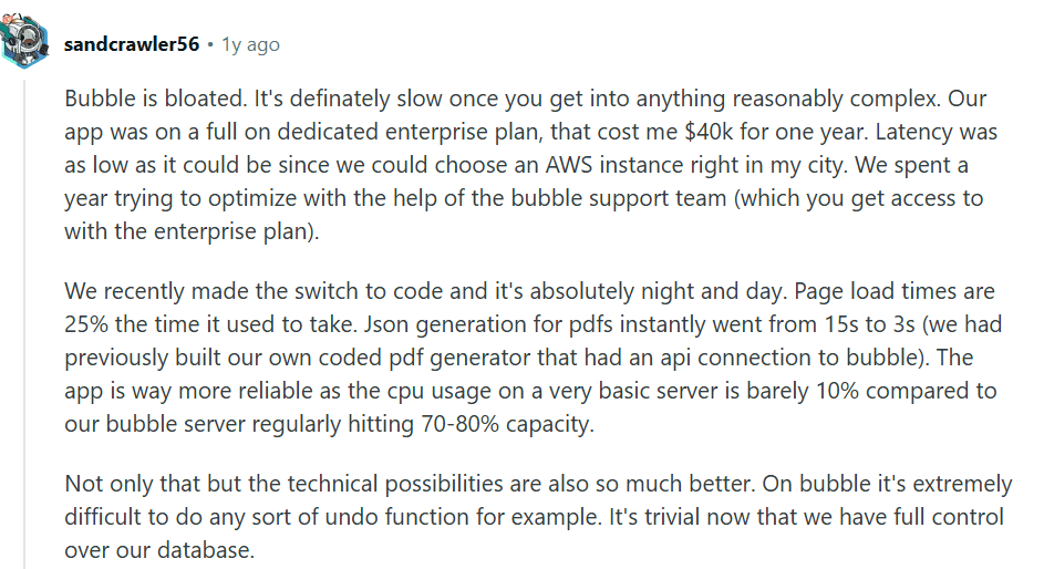Пользователи Reddit здесь делятся историями о том, что приложения на Bubble - медленные и при росте надо переходить на код