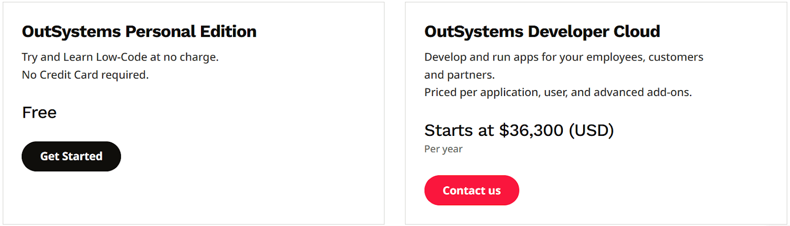 Платная версия OutSystems начинается с 36 долл. за пользователя в год