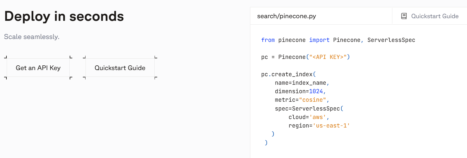 Страница быстрого развертывания Pinecone с примером Python кода для создания векторного индекса и подключения к API
