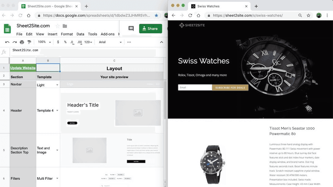 Создание веб-сайта на основе Google Sheets с помощью платформы Sheet2Site и предварительным просмотром магазина часов