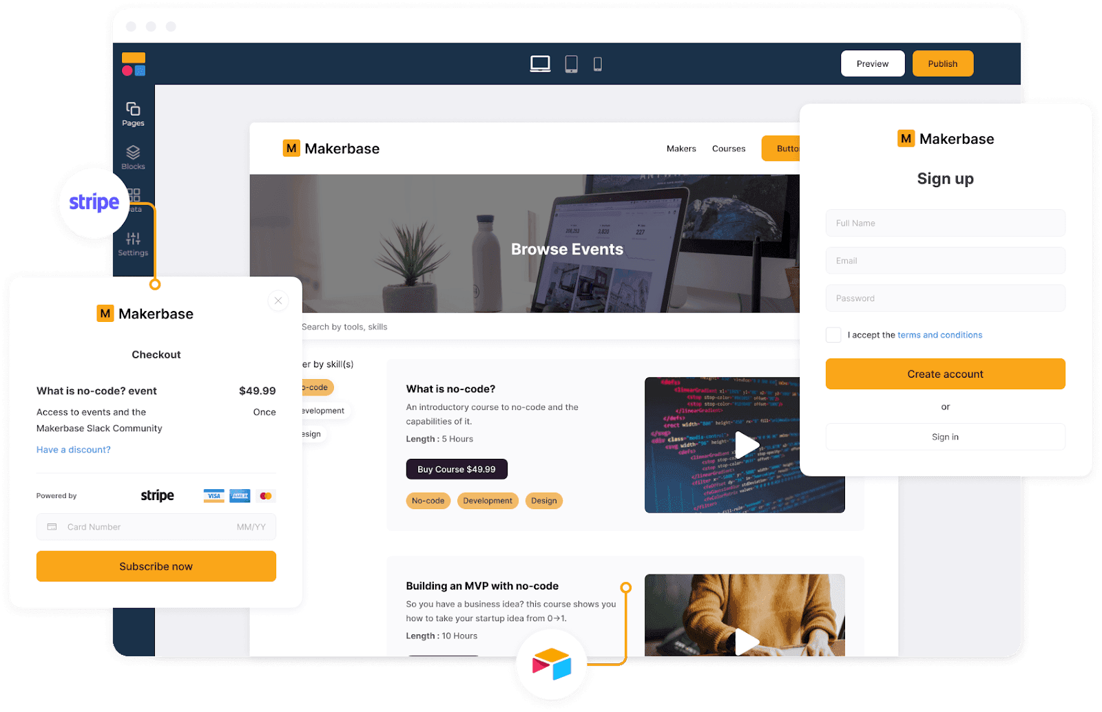 Интерфейс no-code платформы для создания образовательного сайта Makerbase с курсами по no-code разработке и интеграцией Stripe